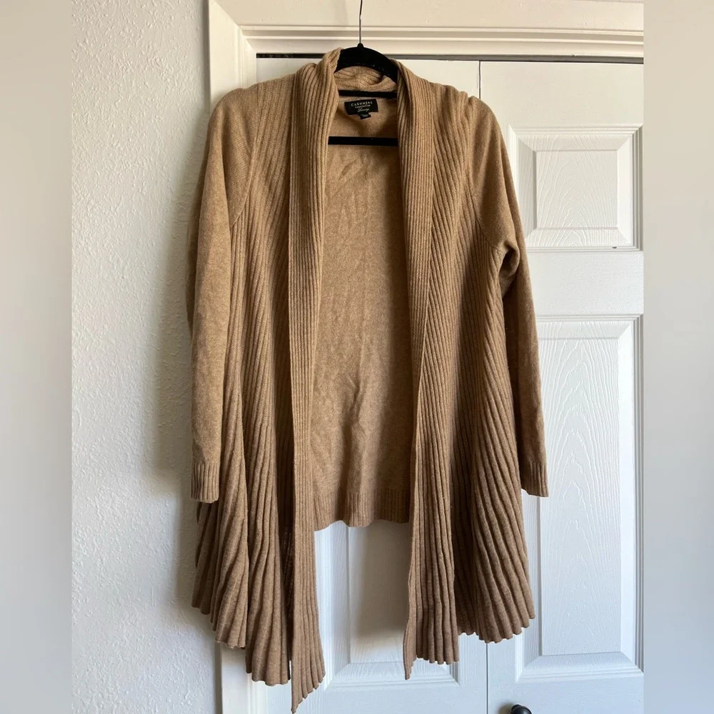 Charter Club 100% Cashmere Ribbed Draped Front Tan Cardigan Sweater Large